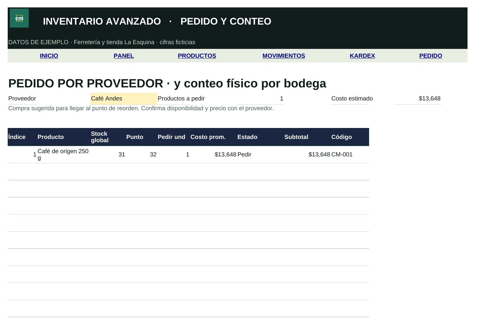Hoja Pedido con la lista de compra por proveedor