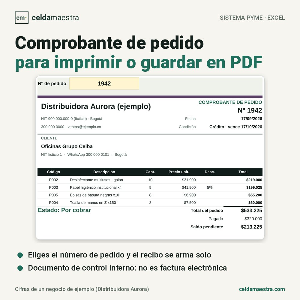 Comprobante de pedido listo para imprimir o guardar en PDF